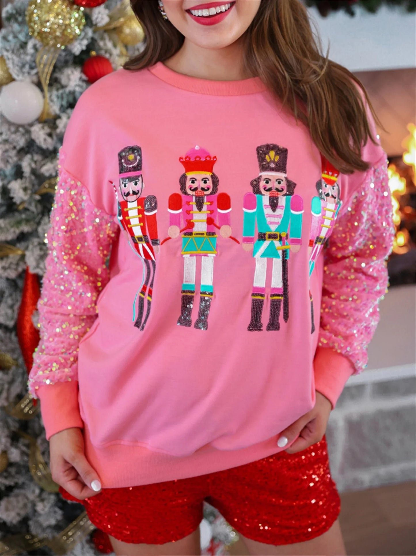 Women s Christmas Loose Pullover Glitter Sequin Long Sleeve Crew Neck Reindeer Printed Sweatshirt with Pockets