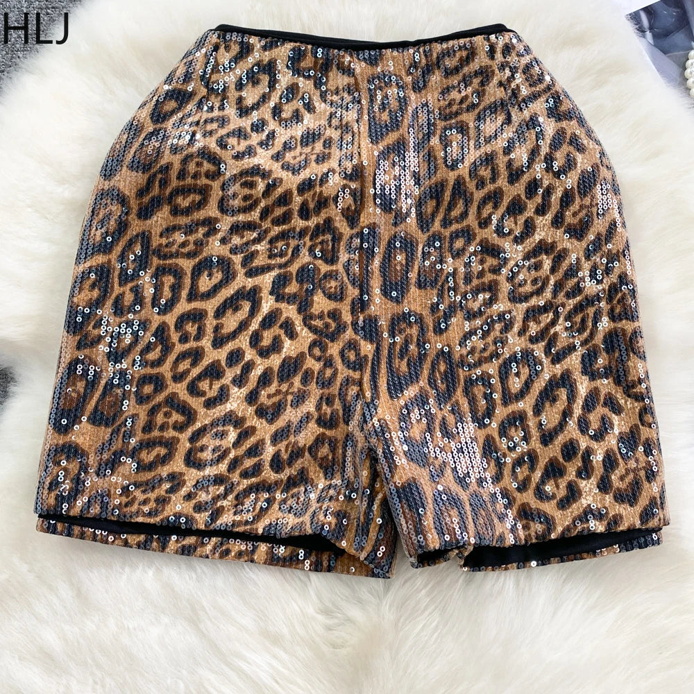 HLJ Fashion Y2K Sequin Leopard Shorts Two Piece Sets Women V Neck Short Sleeve Loose Basketball Tshirts And Shorts Streetwear