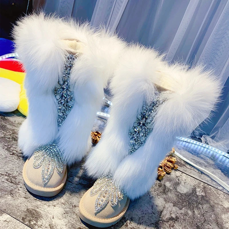 2024 new snow boots: fox hair high tube snow boots, water diamond hand thickened real leather, warm goddess cotton boots, thin