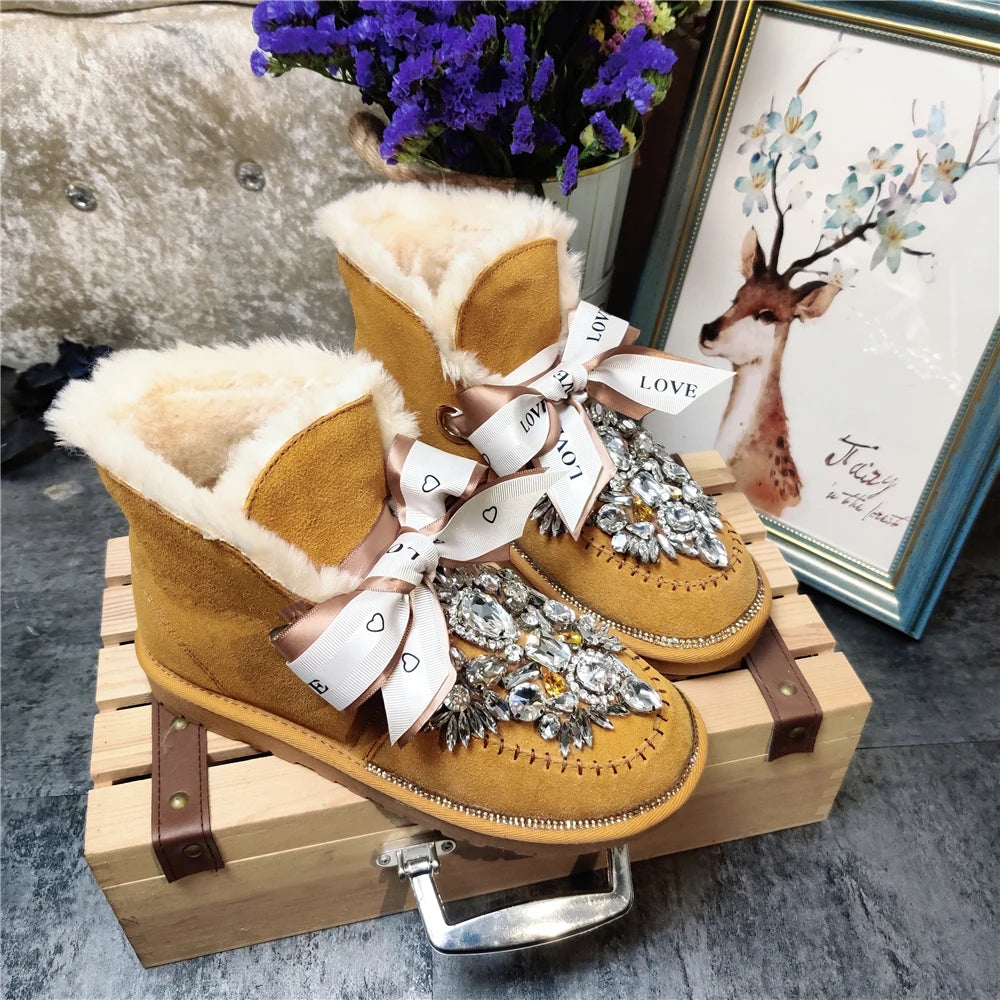 2024 new snow boots cotton shoes goddess short tube leather cute hair ball bow snow boots plus velvet non-slip