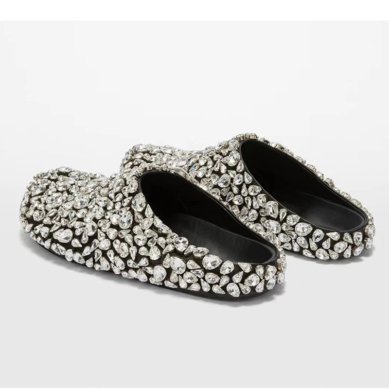 Rhinestone Half Head Female Slippers Catwalk Show Round Toe Flat Shoes Comfort Wedding Genuine Leather Summer Party Women Shoes