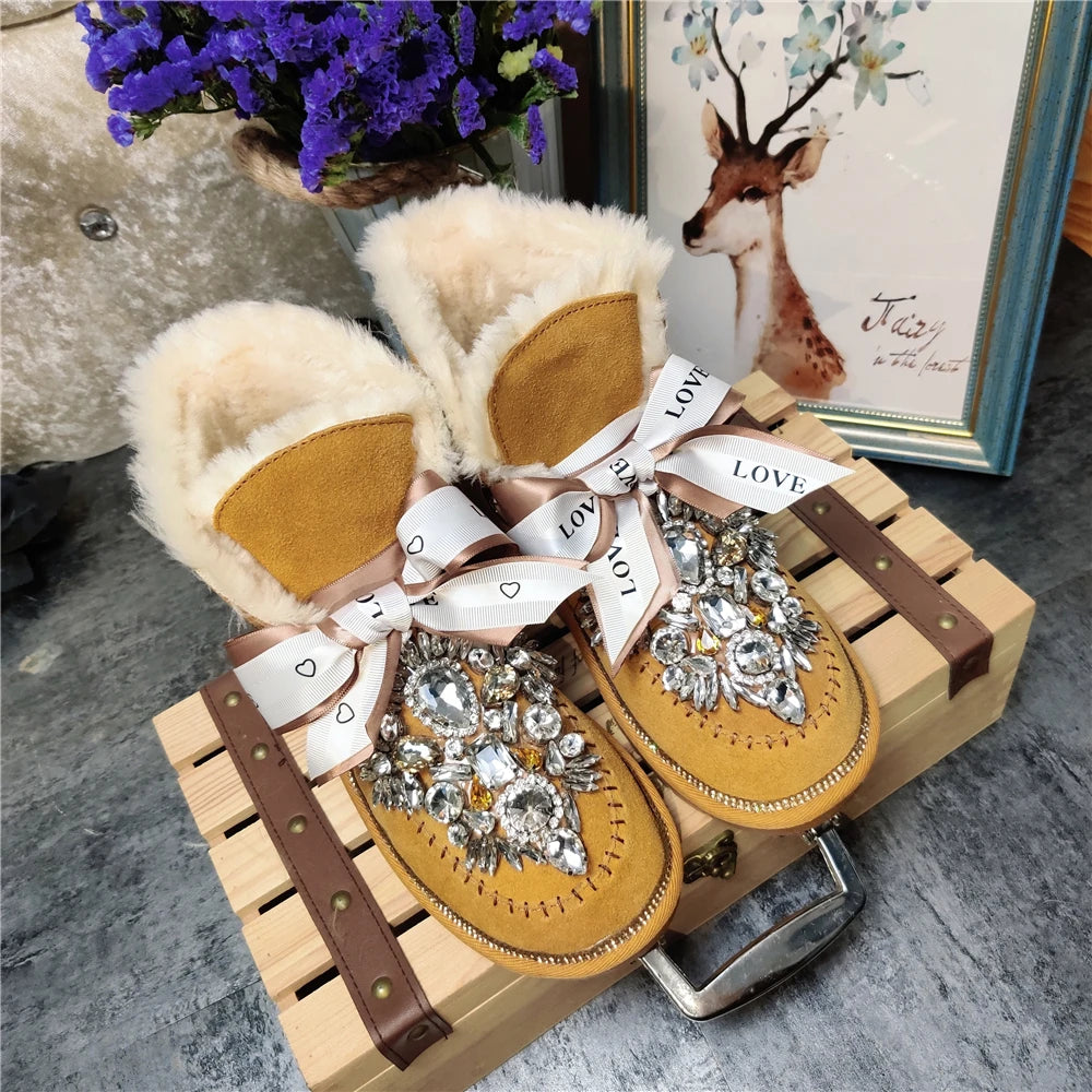 2024 new snow boots cotton shoes goddess short tube leather cute hair ball bow snow boots plus velvet non-slip