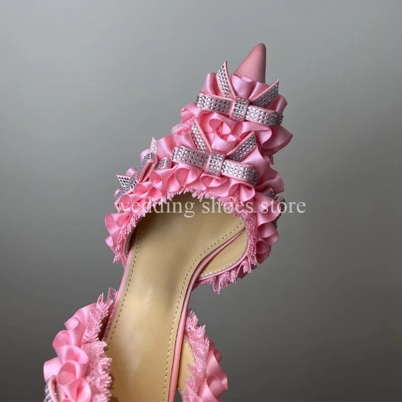 Crystal Lace High Heel Sandals For Women Wedding Pumps Sexy Bowknot Rhinestone High Heels Fashion Summer Party Prom Shoes