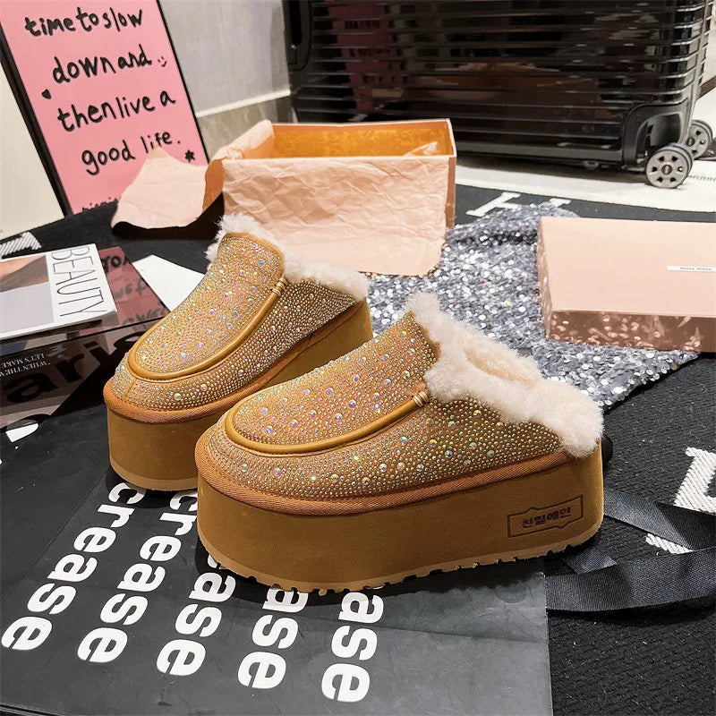 Womens Real Lambswool Fur Furry Platform Wedge Heel Warm Winter Mules Rhinestones Crystal Slipper Plush Shoes Genuine Leather