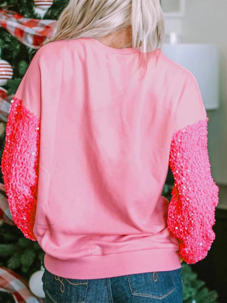 Women s Christmas Loose Pullover Glitter Sequin Long Sleeve Crew Neck Reindeer Printed Sweatshirt with Pockets