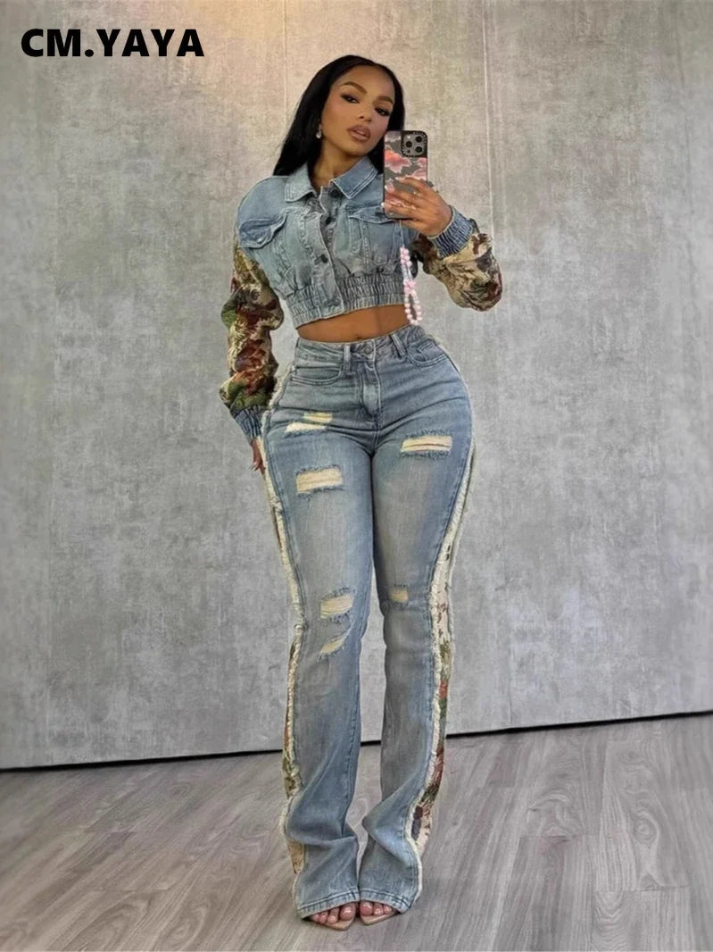 CM.YAYA Denim Women's Set Floral Patchwork Full Sleeve Button Fly Jacket and Ripped Jeans Pants Suit 2024 Two 2 Piece Set Outfit