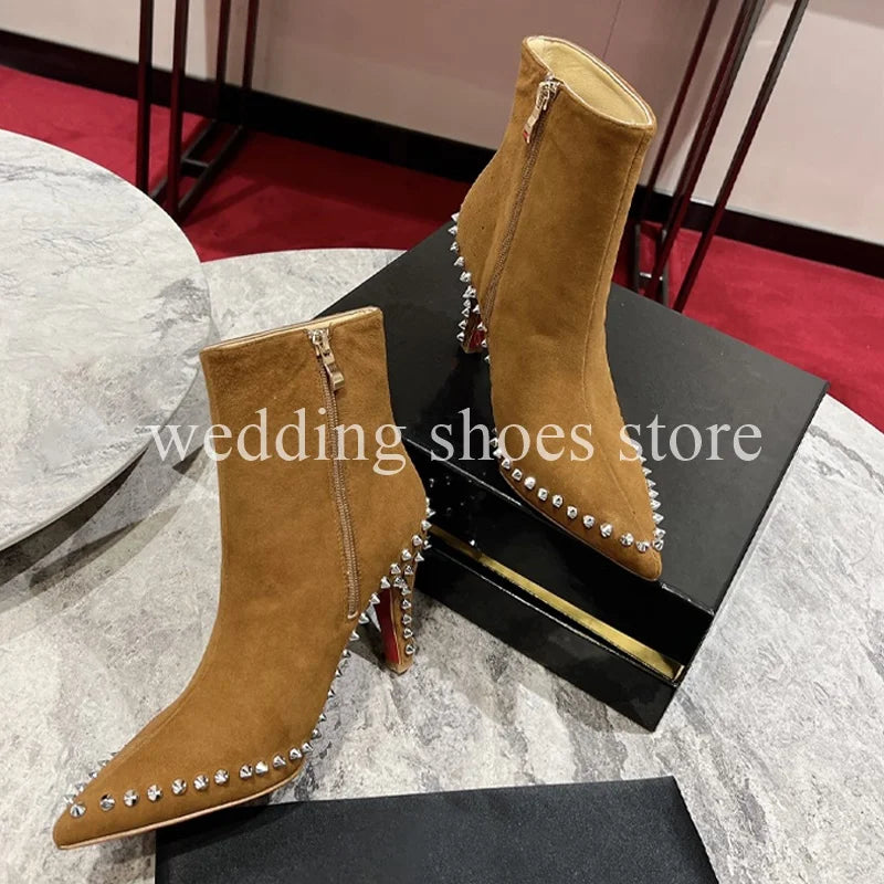 Women's Rivet Ankle Boots Black Design 8.5cm Stiletto Sexy Pumps Temperament Pointy High-heeled Leather High Quality Women Shoes