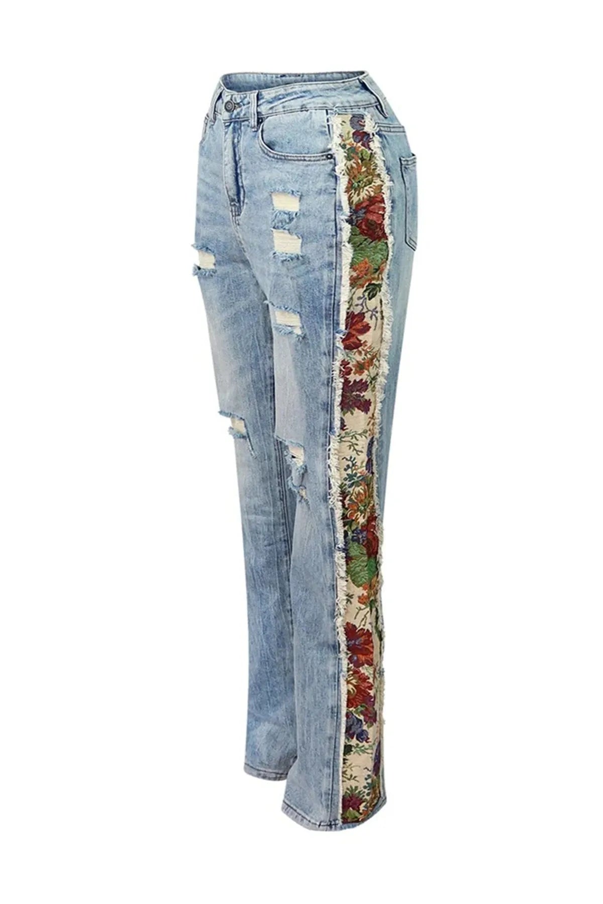 CM.YAYA Denim Women's Set Floral Patchwork Full Sleeve Button Fly Jacket and Ripped Jeans Pants Suit 2024 Two 2 Piece Set Outfit