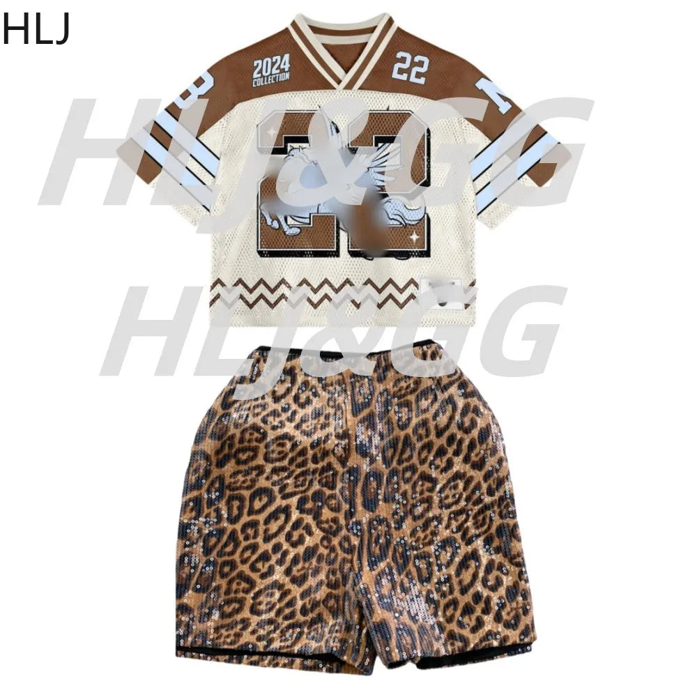 HLJ Fashion Y2K Sequin Leopard Shorts Two Piece Sets Women V Neck Short Sleeve Loose Basketball Tshirts And Shorts Streetwear