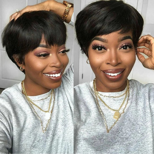 Short Human Hair Wigs Pixie Cut Straight perruque bresillienne for Black Women Machine Made Wigs With Bangs Cheap Glueless Wig - SN Wigs & More