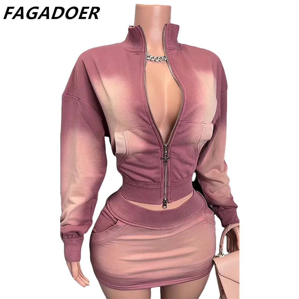 FAGADOER Pink Tie Dye Print Two Piece Sets Women Outfits Fashion Zip Pocket Long Sleeve Crop Top And High Waist Skirts Clothing