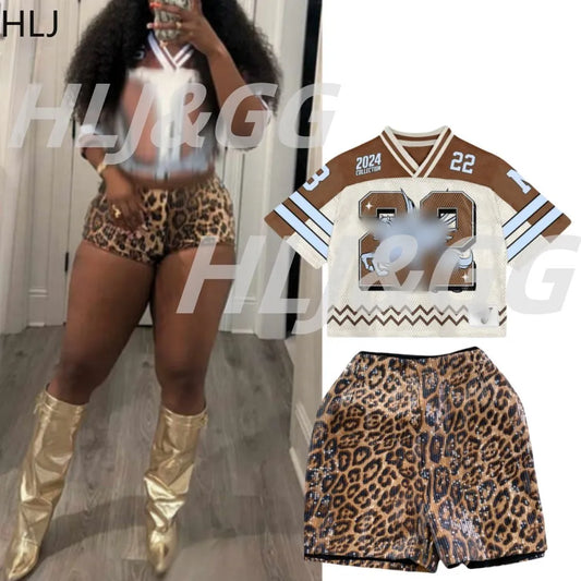 HLJ Fashion Y2K Sequin Leopard Shorts Two Piece Sets Women V Neck Short Sleeve Loose Basketball Tshirts And Shorts Streetwear