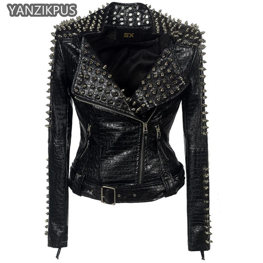 2024 Steampunk Rock Rivet Women's Leather Jacket Slim Short Streetwear Gothic Embroidery PU Leather Locomotive Coat Femme