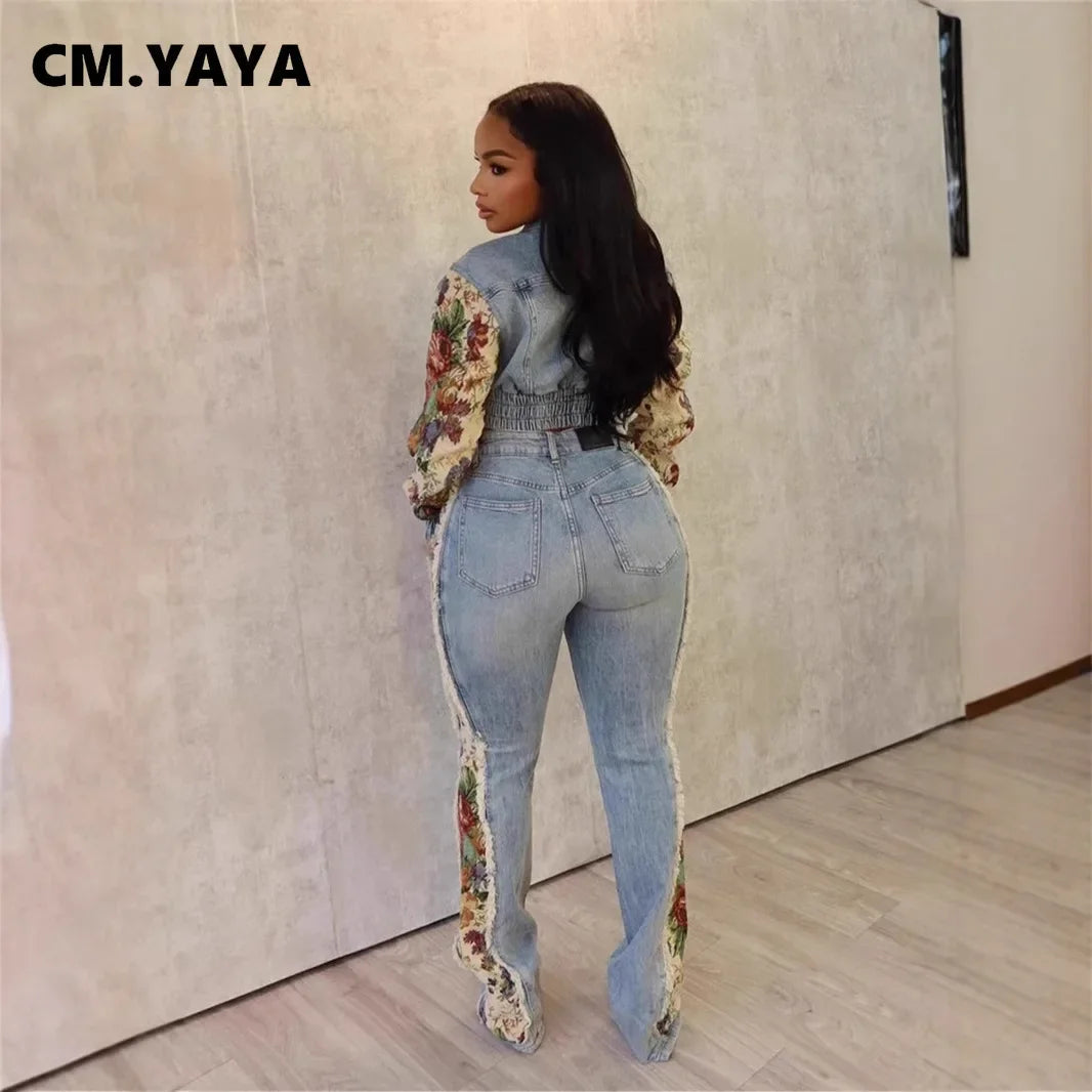 CM.YAYA Denim Women's Set Floral Patchwork Full Sleeve Button Fly Jacket and Ripped Jeans Pants Suit 2024 Two 2 Piece Set Outfit