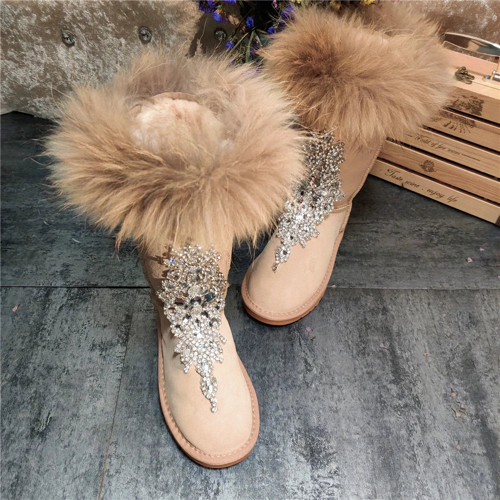 2024 new snow boot workers Shuozi raccoon hair tall tube plus velvet heavy duty frosted leather snow boots thickened warm cotton