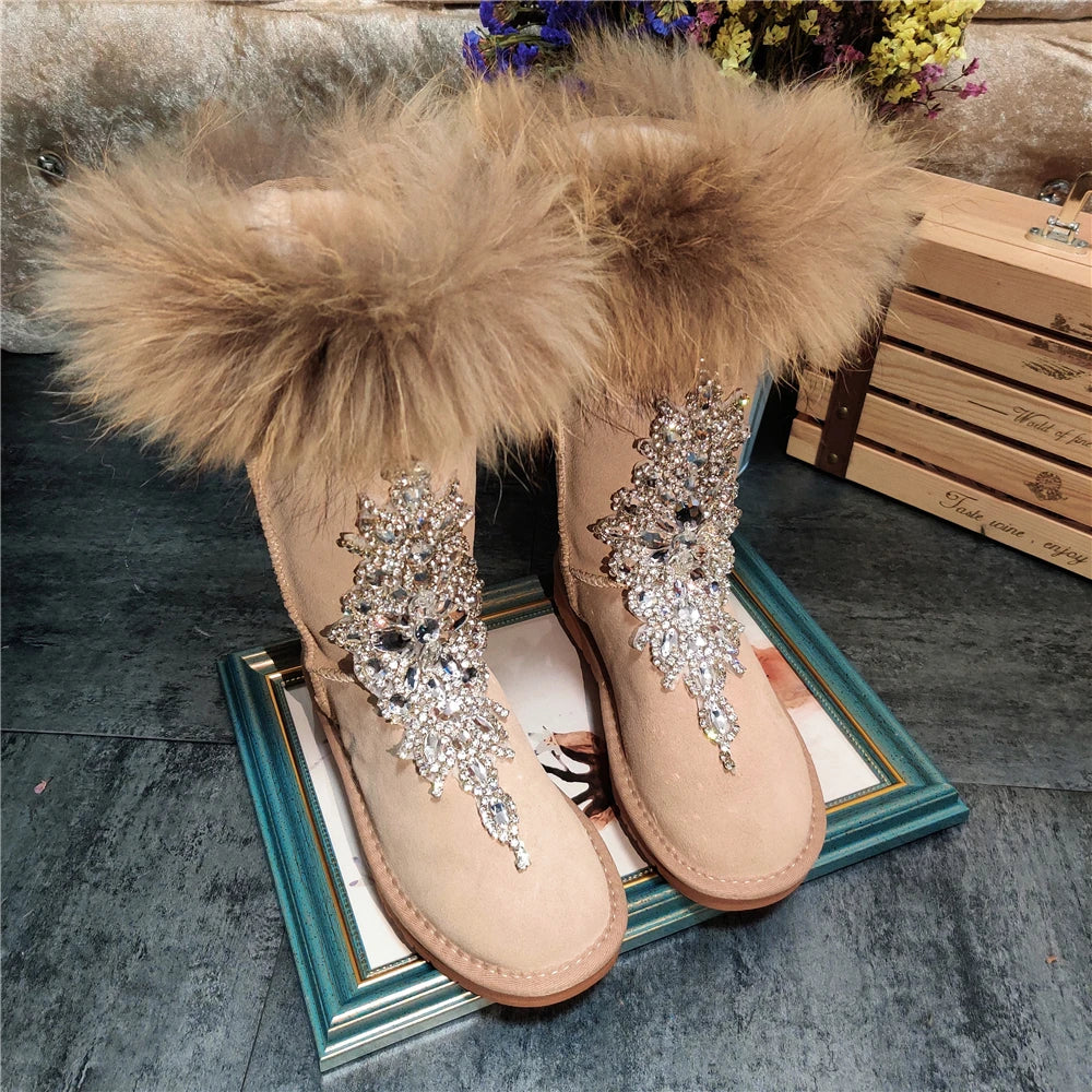 2024 new snow boot workers Shuozi raccoon hair tall tube plus velvet heavy duty frosted leather snow boots thickened warm cotton