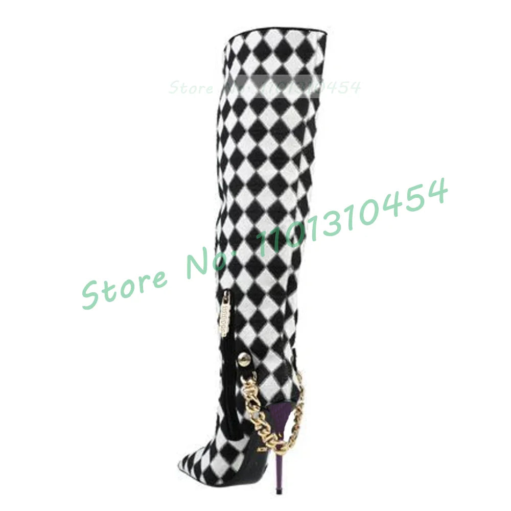 Black-white Checkered Knee-high Boots Women Stylish Gold Chain Decor Purple High Heels Boots Pointy Toe Side Zipper Winter Shoes