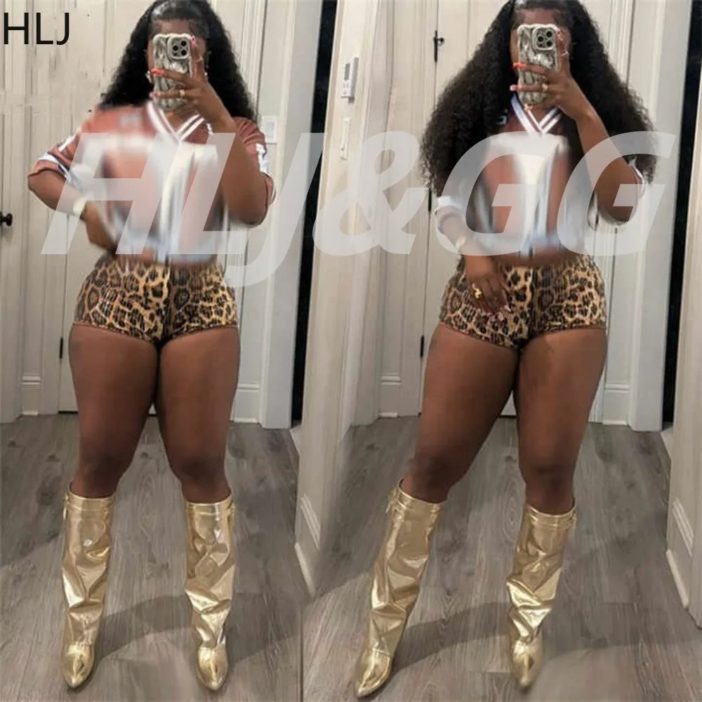 HLJ Fashion Y2K Sequin Leopard Shorts Two Piece Sets Women V Neck Short Sleeve Loose Basketball Tshirts And Shorts Streetwear