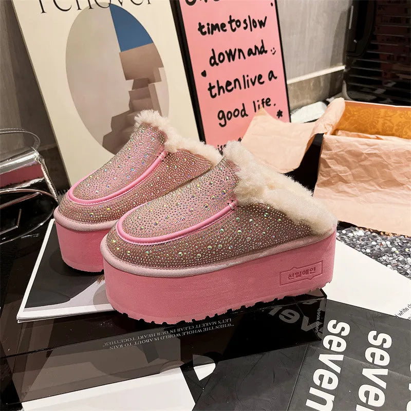 Womens Real Lambswool Fur Furry Platform Wedge Heel Warm Winter Mules Rhinestones Crystal Slipper Plush Shoes Genuine Leather