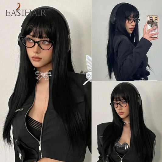 EASIHAIR Long Silky Straight Synthetic Wigs with Bangs Black Cosplay Party Lolita Hair Wigs for Women Natural Heat Resistant Wig - SN Wigs & More