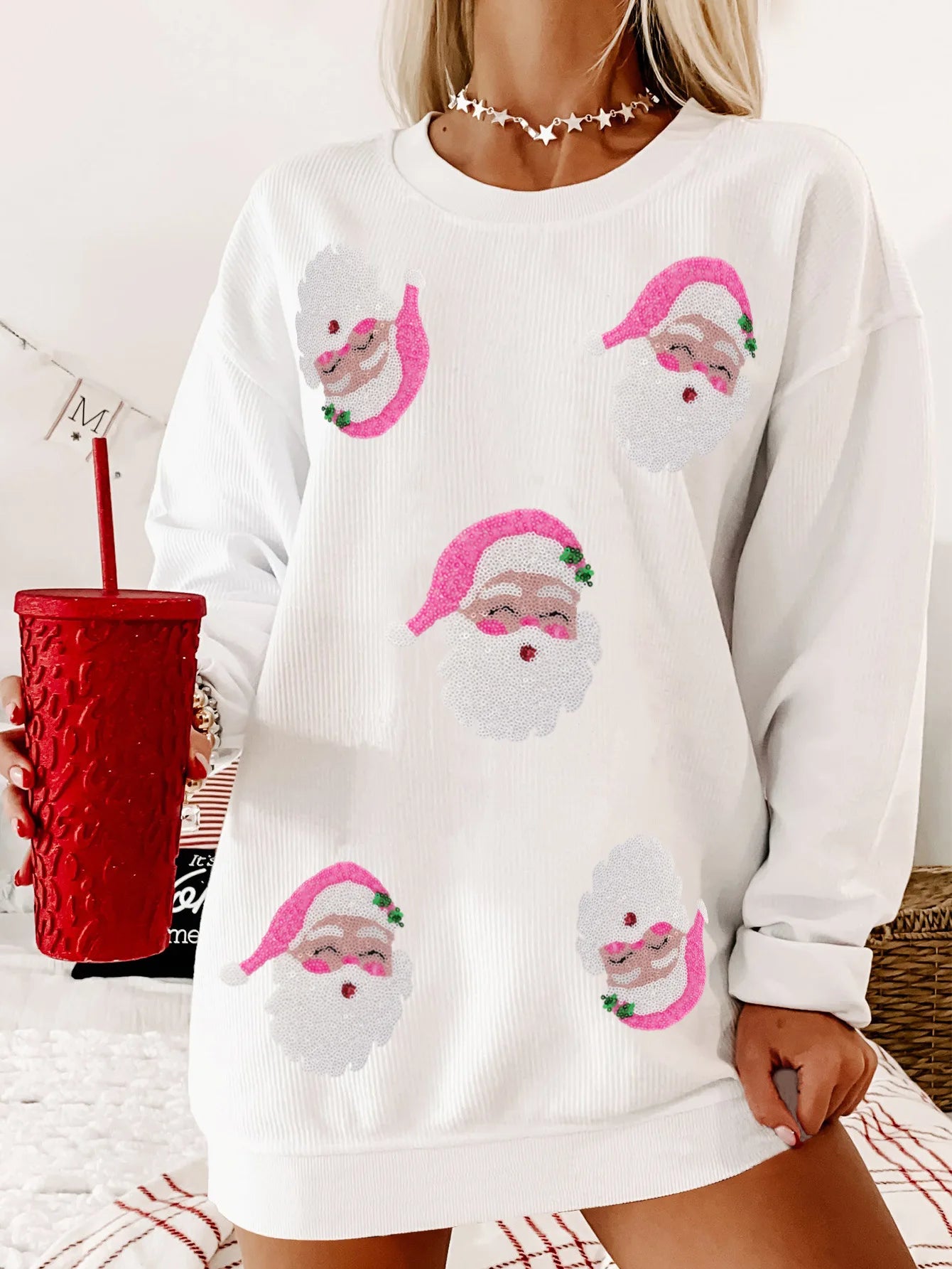 WomenSanta Christmas corduroy ribbed sweatshirt Long Sleeve sequin Sweater Top For New Years