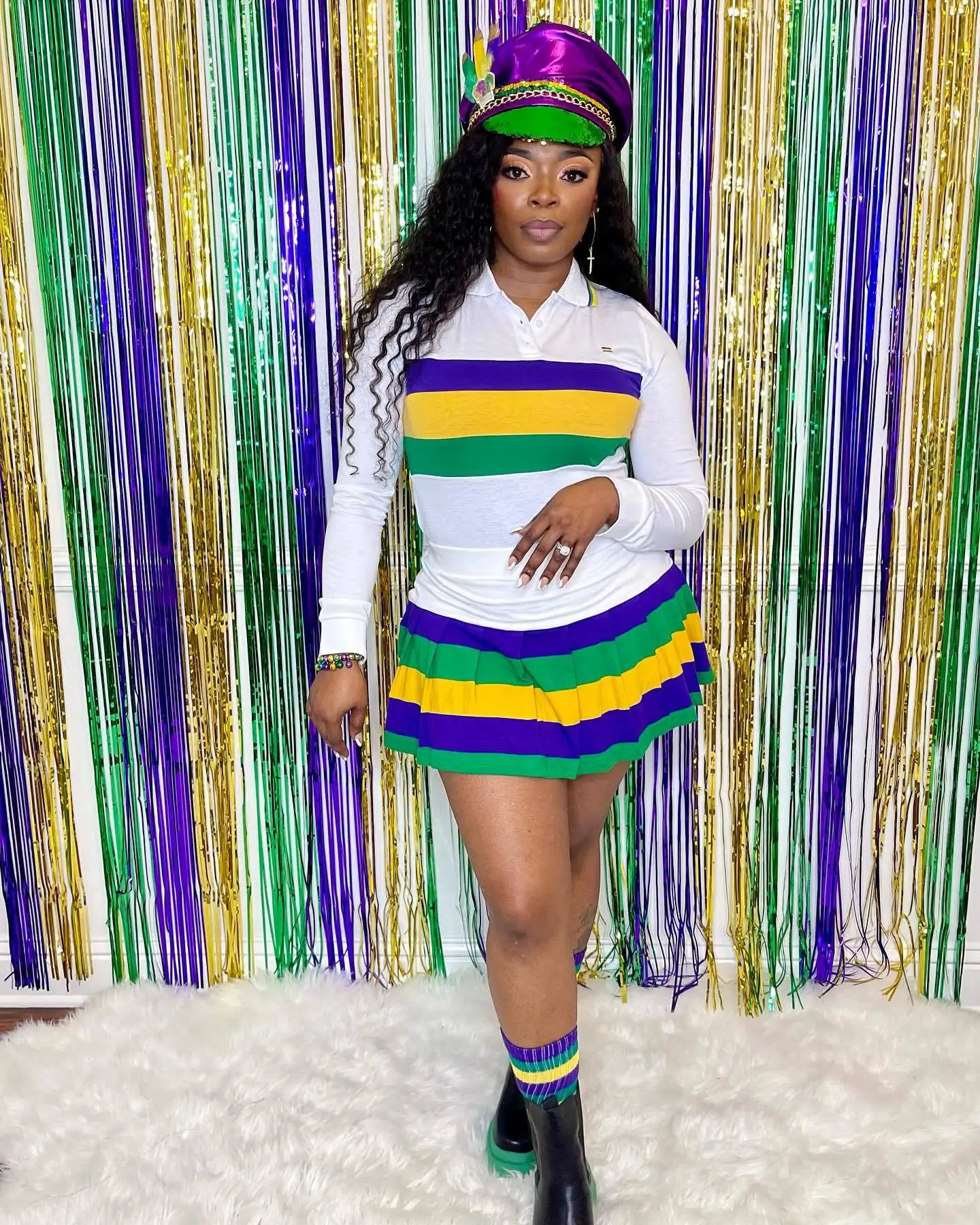 Women Mardi Gras Long Sleeve Shirt Skirt 2 Piece Set Outfits Ladies Mardi Gras Clothing Top Apparel Clothin For 2025