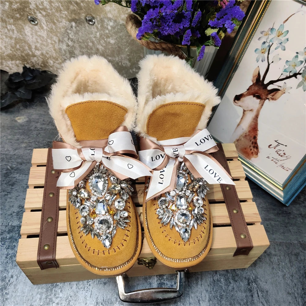 2024 new snow boots cotton shoes goddess short tube leather cute hair ball bow snow boots plus velvet non-slip