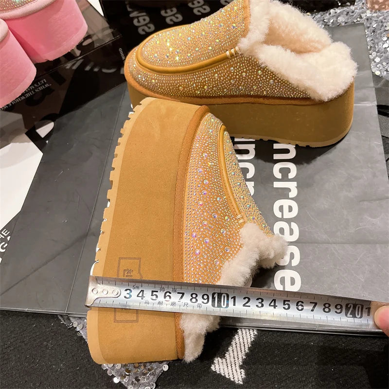 Womens Real Lambswool Fur Furry Platform Wedge Heel Warm Winter Mules Rhinestones Crystal Slipper Plush Shoes Genuine Leather