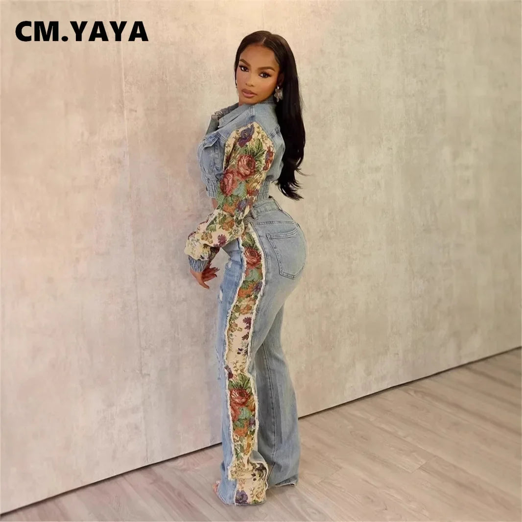 CM.YAYA Denim Women's Set Floral Patchwork Full Sleeve Button Fly Jacket and Ripped Jeans Pants Suit 2024 Two 2 Piece Set Outfit