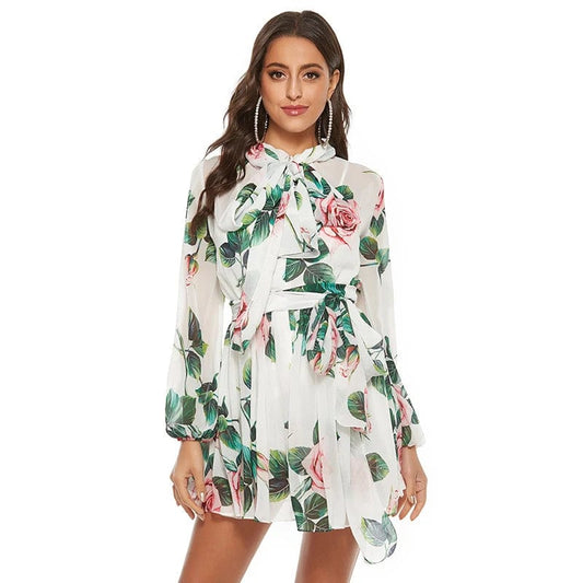 A3850 Woman White Chiffon Digital Print  Clothing Light Summer Long Sleeve  Dress Design Woman Dress 2024 New