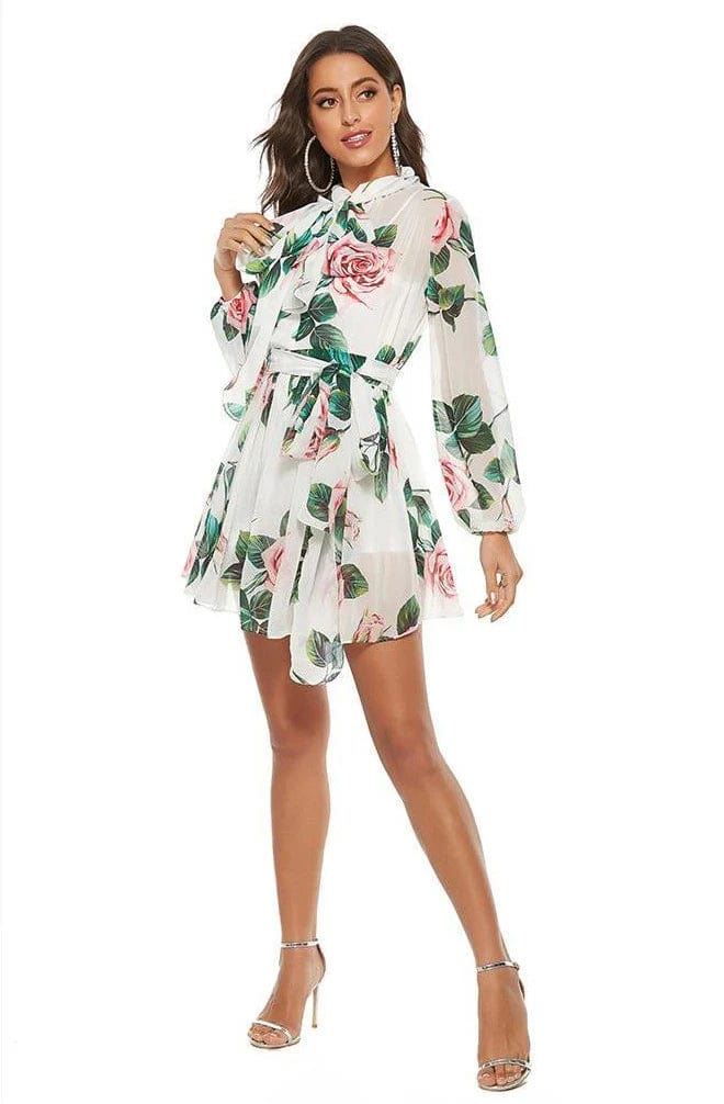 A3850 Woman White Chiffon Digital Print  Clothing Light Summer Long Sleeve  Dress Design Woman Dress 2024 New