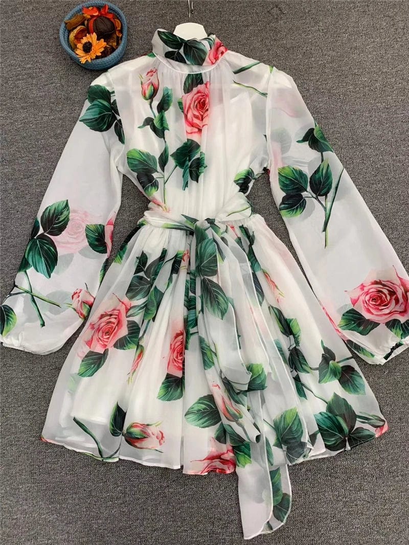 A3850 Woman White Chiffon Digital Print  Clothing Light Summer Long Sleeve  Dress Design Woman Dress 2024 New