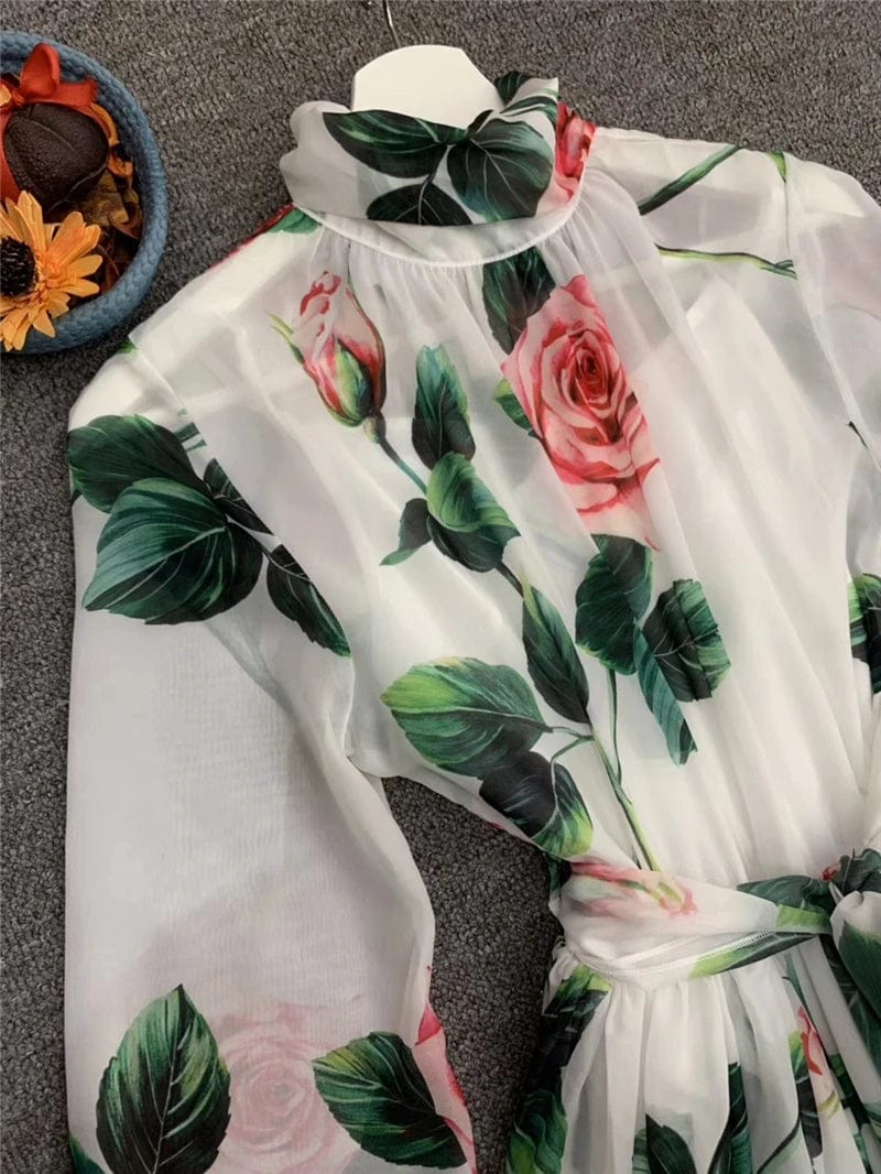 A3850 Woman White Chiffon Digital Print  Clothing Light Summer Long Sleeve  Dress Design Woman Dress 2024 New