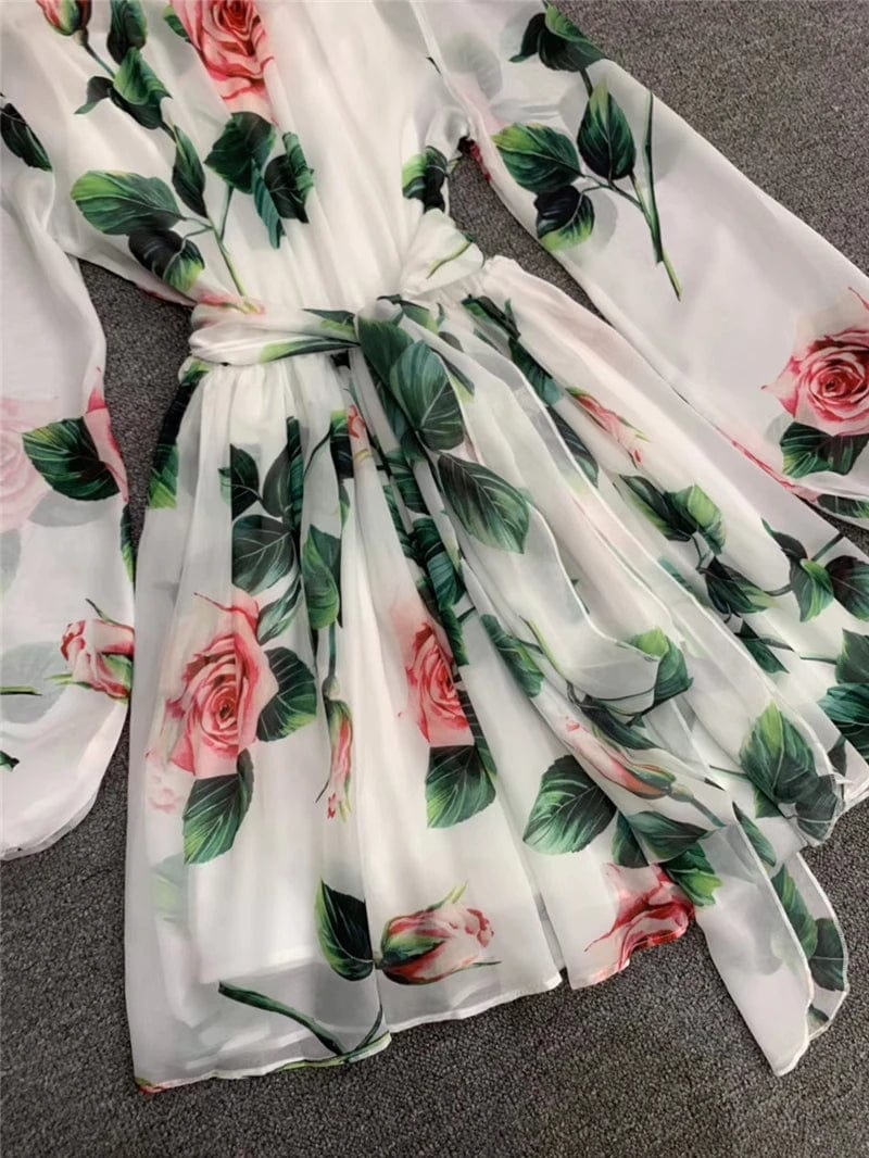 A3850 Woman White Chiffon Digital Print  Clothing Light Summer Long Sleeve  Dress Design Woman Dress 2024 New