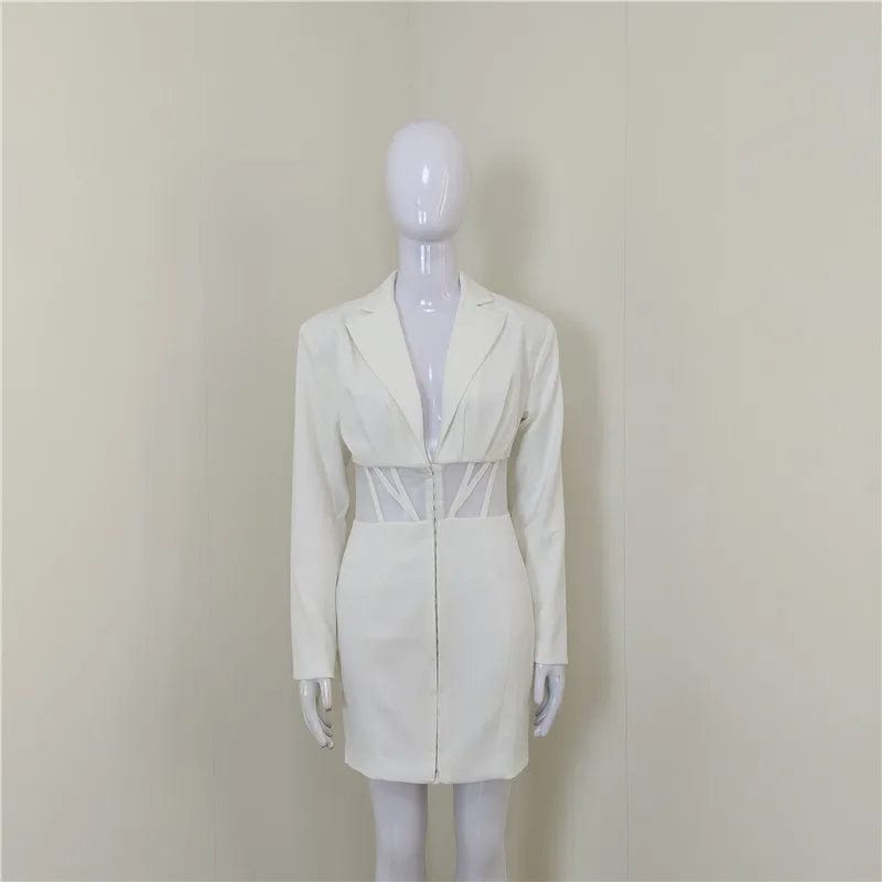 A4510 2024 New Arrivals White V Neck See Through Mesh Long Sleeve Woman Blazer Dress