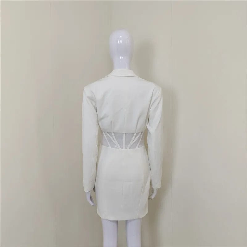 A4510 2024 New Arrivals White V Neck See Through Mesh Long Sleeve Woman Blazer Dress