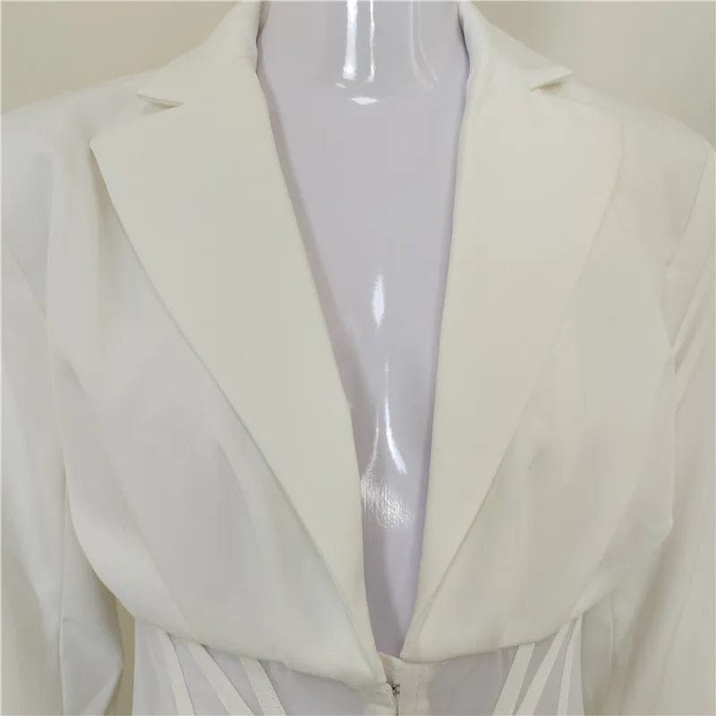 A4510 2024 New Arrivals White V Neck See Through Mesh Long Sleeve Woman Blazer Dress