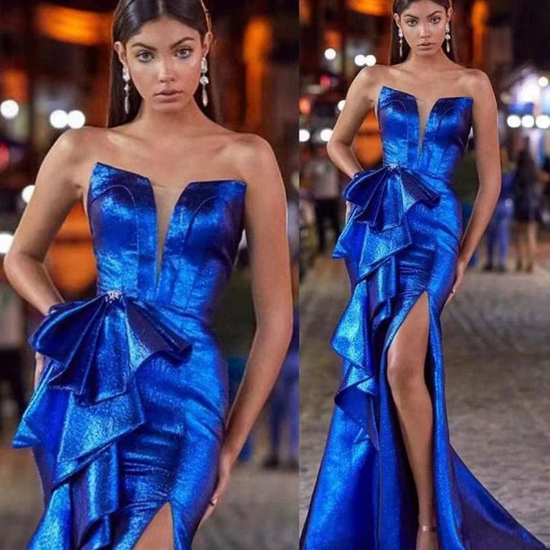 A4648 2024 New Blue Strapless Decoration Side Slit Elegant Gowns Women Evening Dress Birthday Outfit