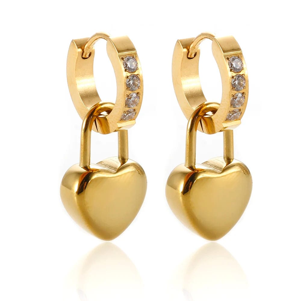 as sample / Gold, Heart Lock Non Tarnish Hypoallergenic Waterproof Jewelry Customized Logo 18K Gold Plated Stainless Steel Women Huggie Heart Hoop Earring