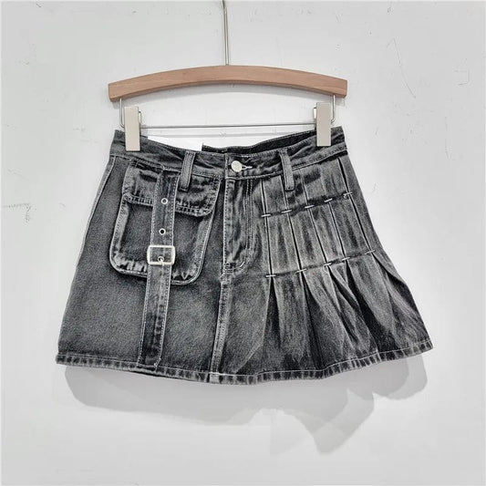 Bomblook C320SK02 Designer Solid Skirt Low Waist Denim Mini Skirt With Pockets Irregular Denim Skirt Ladies Denim Pleated Skorts