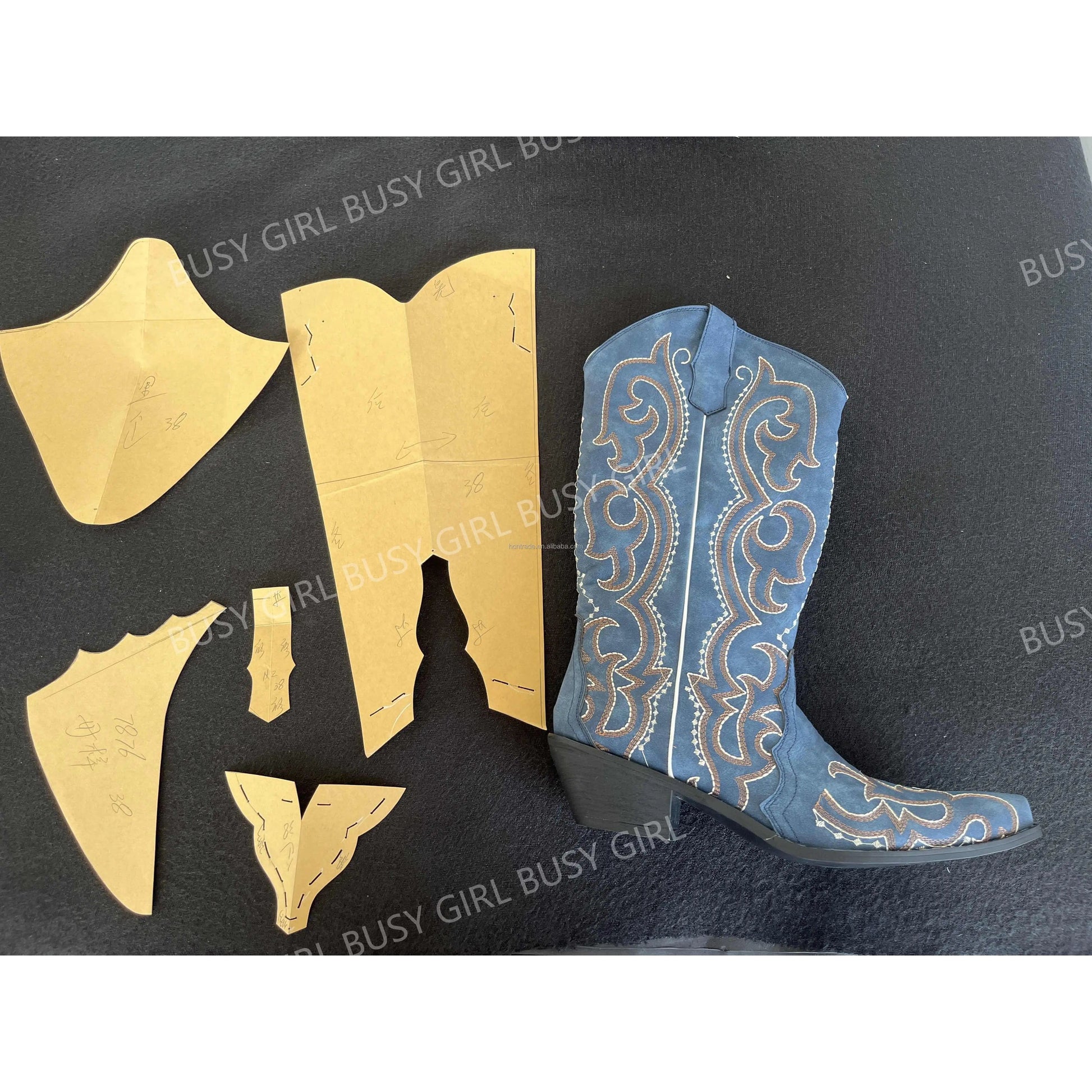 BUSY GIRL KK4961 fashion embroidery trend 2024 blue western cowboy boots size 48 thick heels ladies knee high shoes women boots