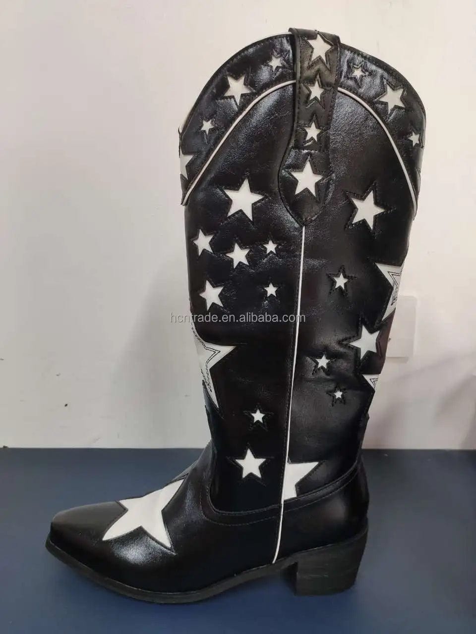 BUSY GIRL XY4068 Cowboy Boots Women Black Leather White Star Ladies heels Botas Shoes Slip On Rider Boots Knee High Boots