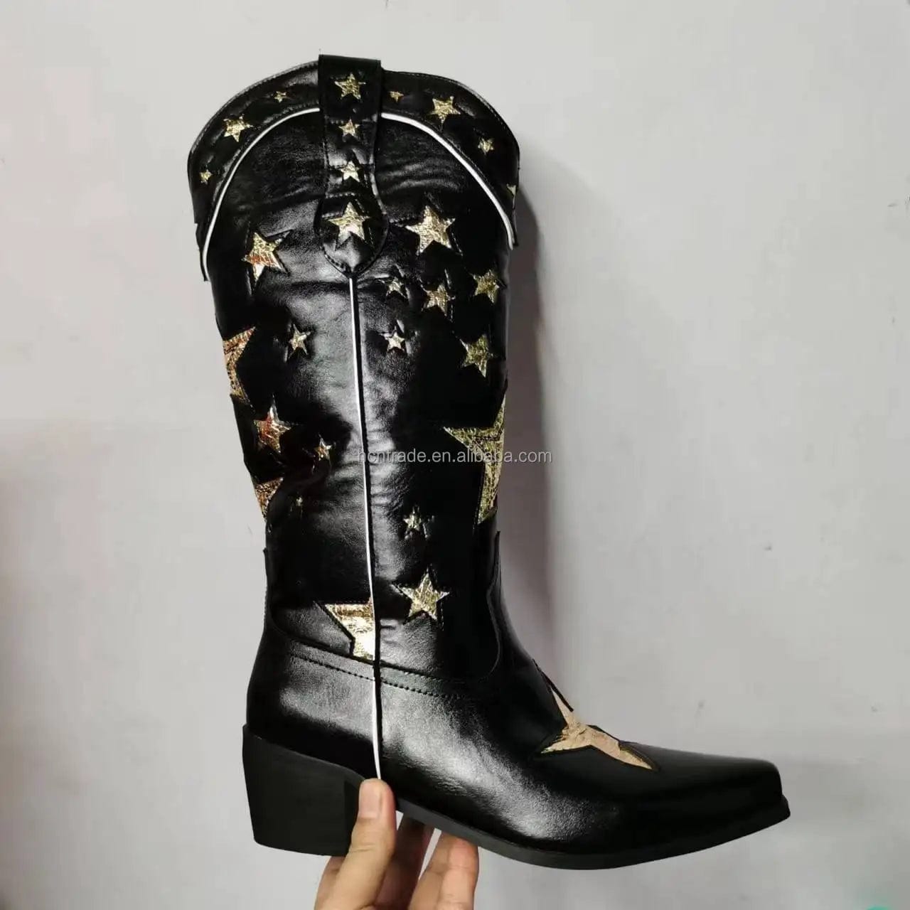 BUSY GIRL XY4068 Cowboy Boots Women Black Leather White Star Ladies heels Botas Shoes Slip On Rider Boots Knee High Boots