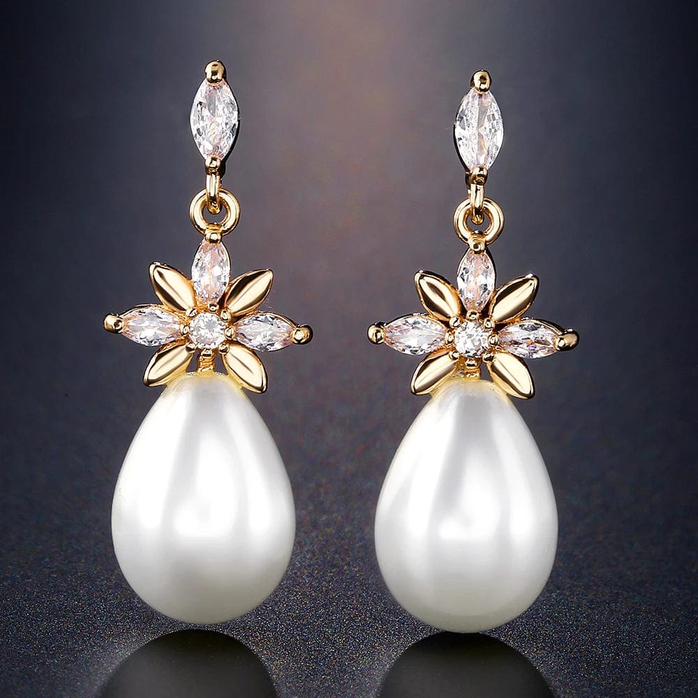 CLASSIC / Gold RAKOL EP1164 luxury fashion sliver 18K gold plated custom zircon pearl drop dangle earrings for wedding