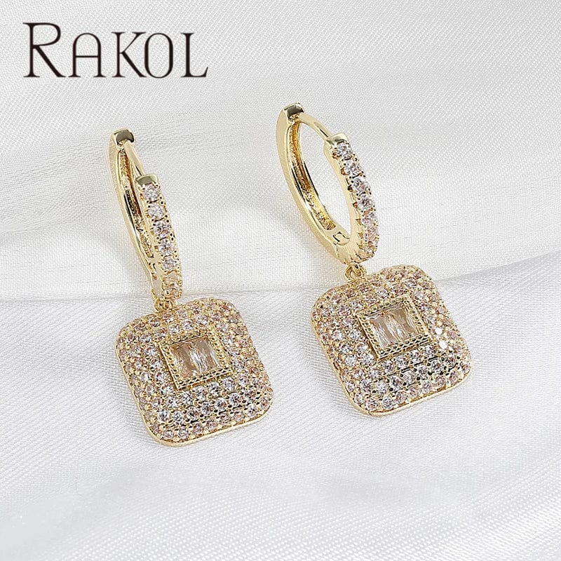 Classic / Gold RAKOL EP6099 Clear Cubic Zircon Square Dangle Earrings Designer Gemstone Pave Earring Trendy Silver Plated Women Wedding Jewelry