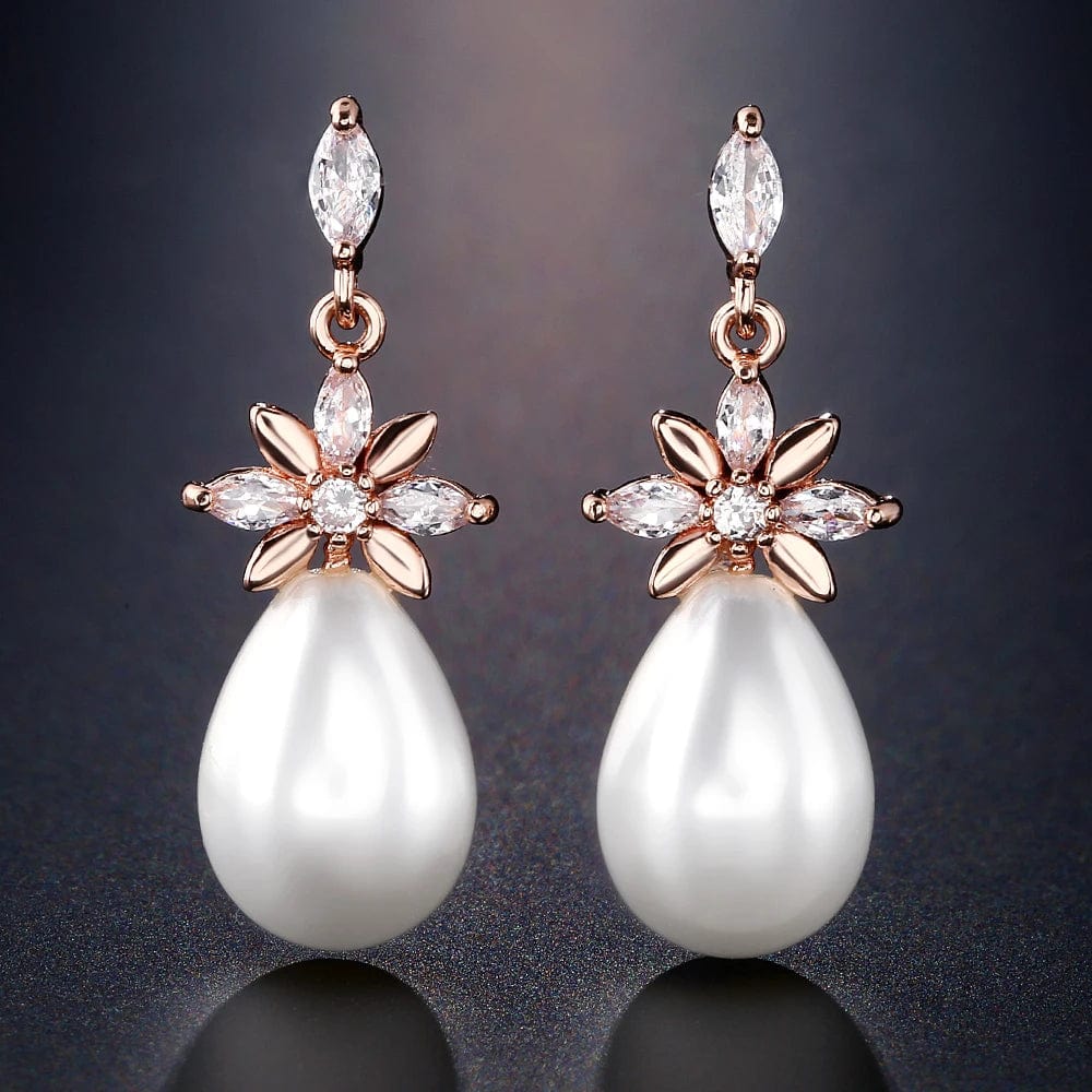 CLASSIC / Rose gold RAKOL EP1164 luxury fashion sliver 18K gold plated custom zircon pearl drop dangle earrings for wedding