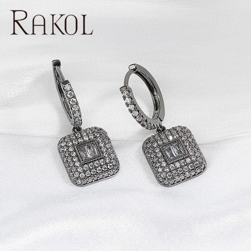 Classic / silver RAKOL EP6099 Clear Cubic Zircon Square Dangle Earrings Designer Gemstone Pave Earring Trendy Silver Plated Women Wedding Jewelry