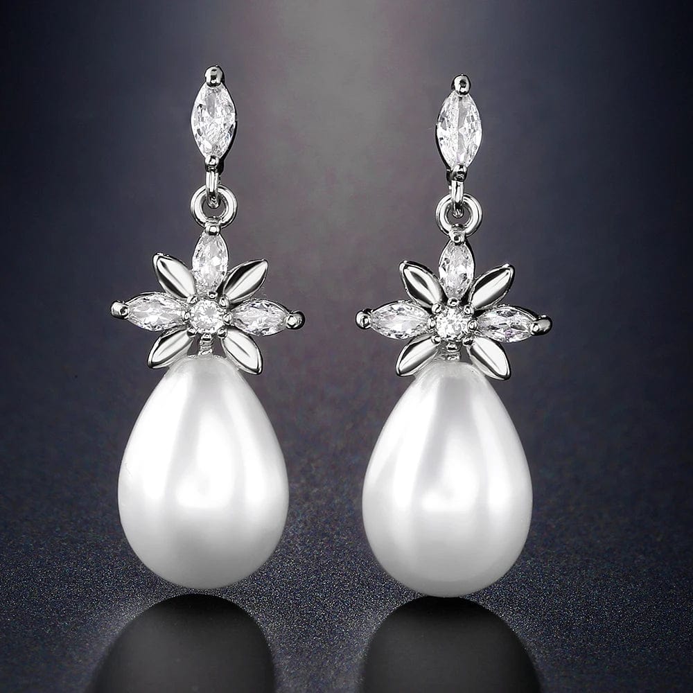 CLASSIC / White RAKOL EP1164 luxury fashion sliver 18K gold plated custom zircon pearl drop dangle earrings for wedding