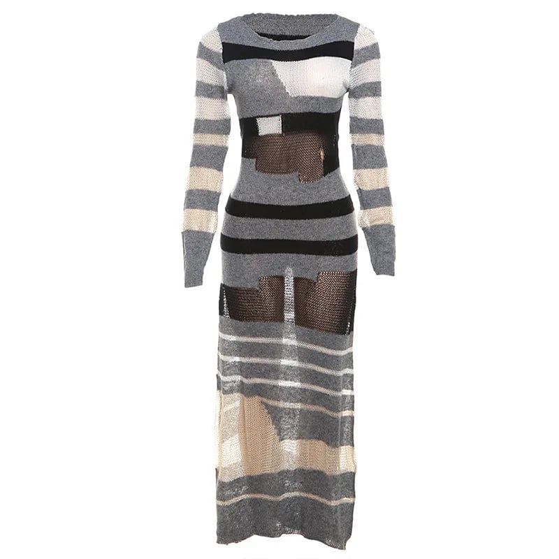 CUTENOVA 24DS010905 Streetwear 2024 Stripes Patchwork Winter Knitted Slim Fit Maxi Dress Dresses Women Sexy