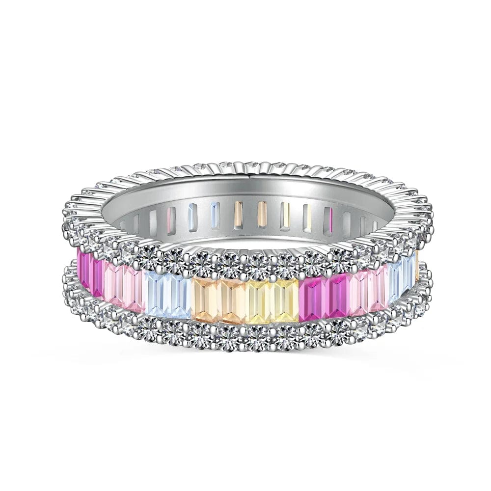 Dylam In Stock New Design S925 Silver Rhodium Plated Hypoallergenic 5A Zirconia Colorful Baguette Eternity Band Women Rings